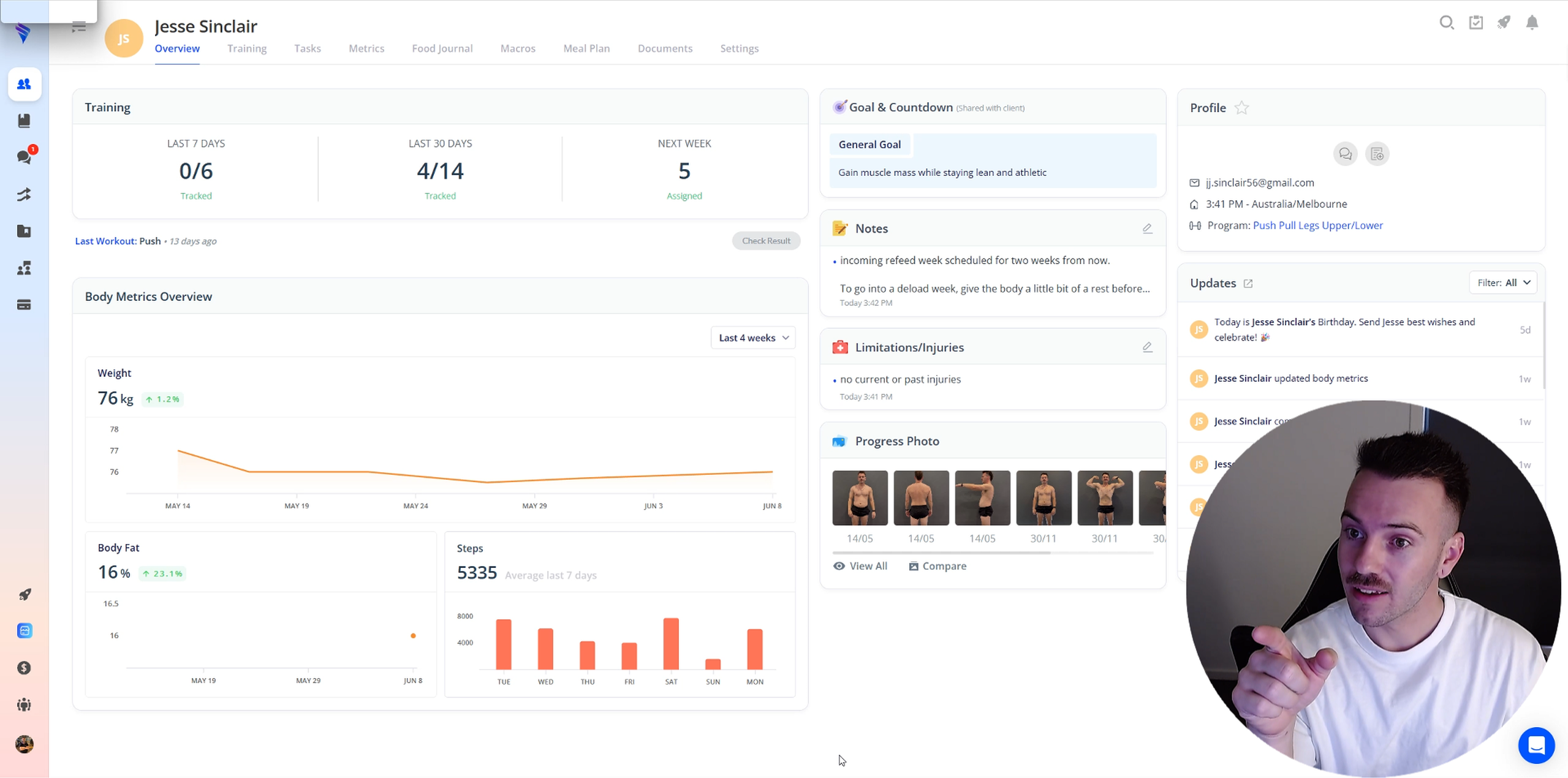 Coaching dashboard showing a client's training, body metrics and progress photos during a virtual check-in