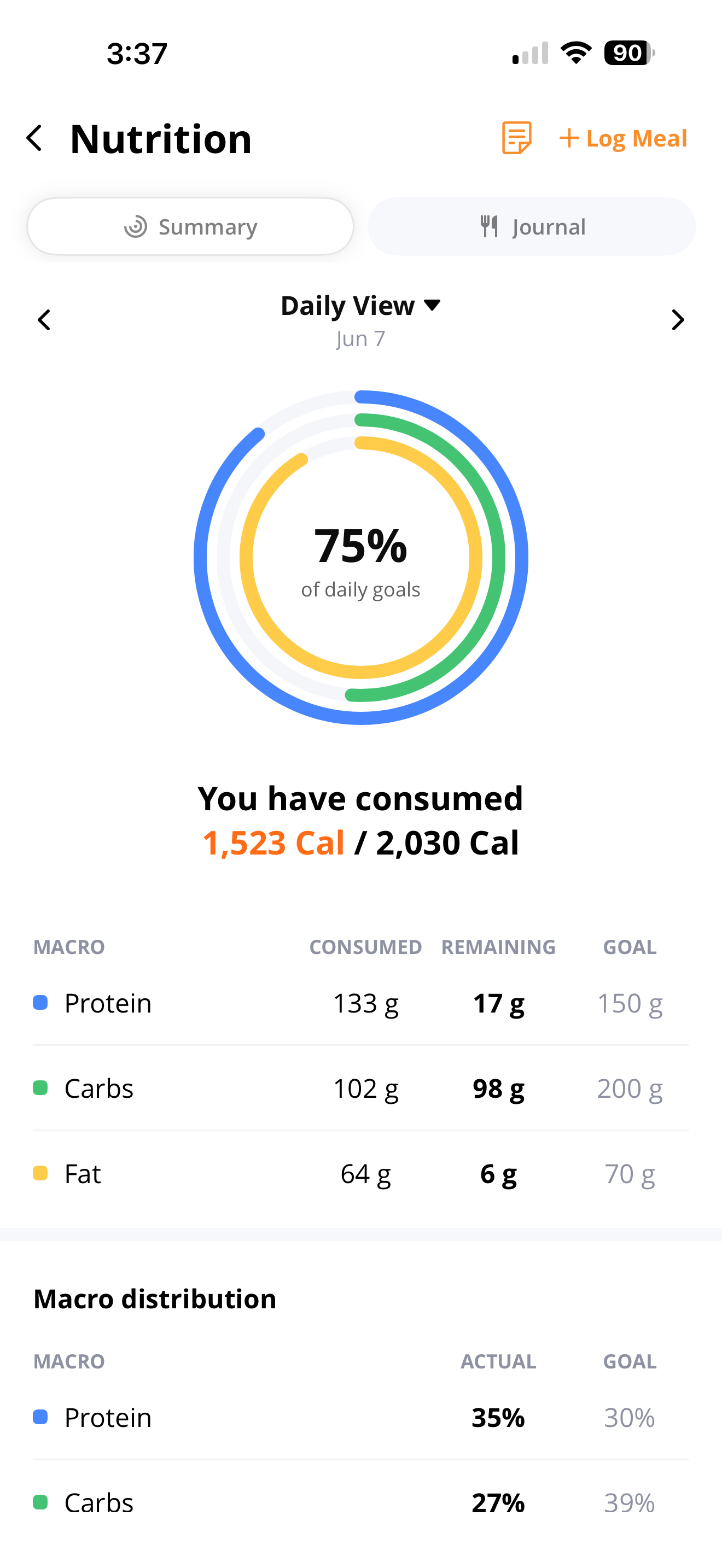 In-app nutrition screen with daily macros and calories