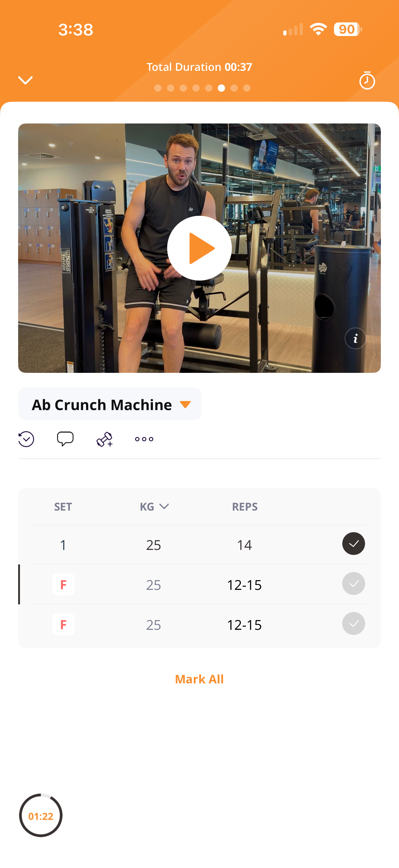 In-app workout screen with exercise video and set tracking